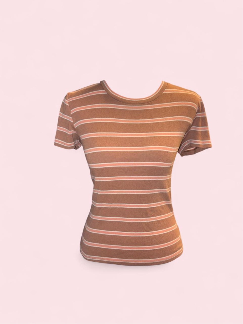 American Eagle Outfitters Brown and White Striped Short-Sleeve Crewneck